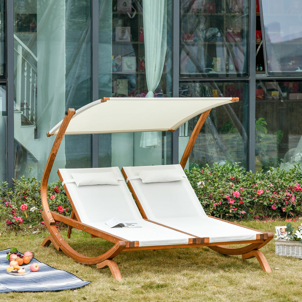 Zweisitzer-Loungesessel mit verstellbarem Sonnendach und 3-fach verstellbarer Rückenlehne – Holzgestell in Beige für Terrasse und Poolbereich
