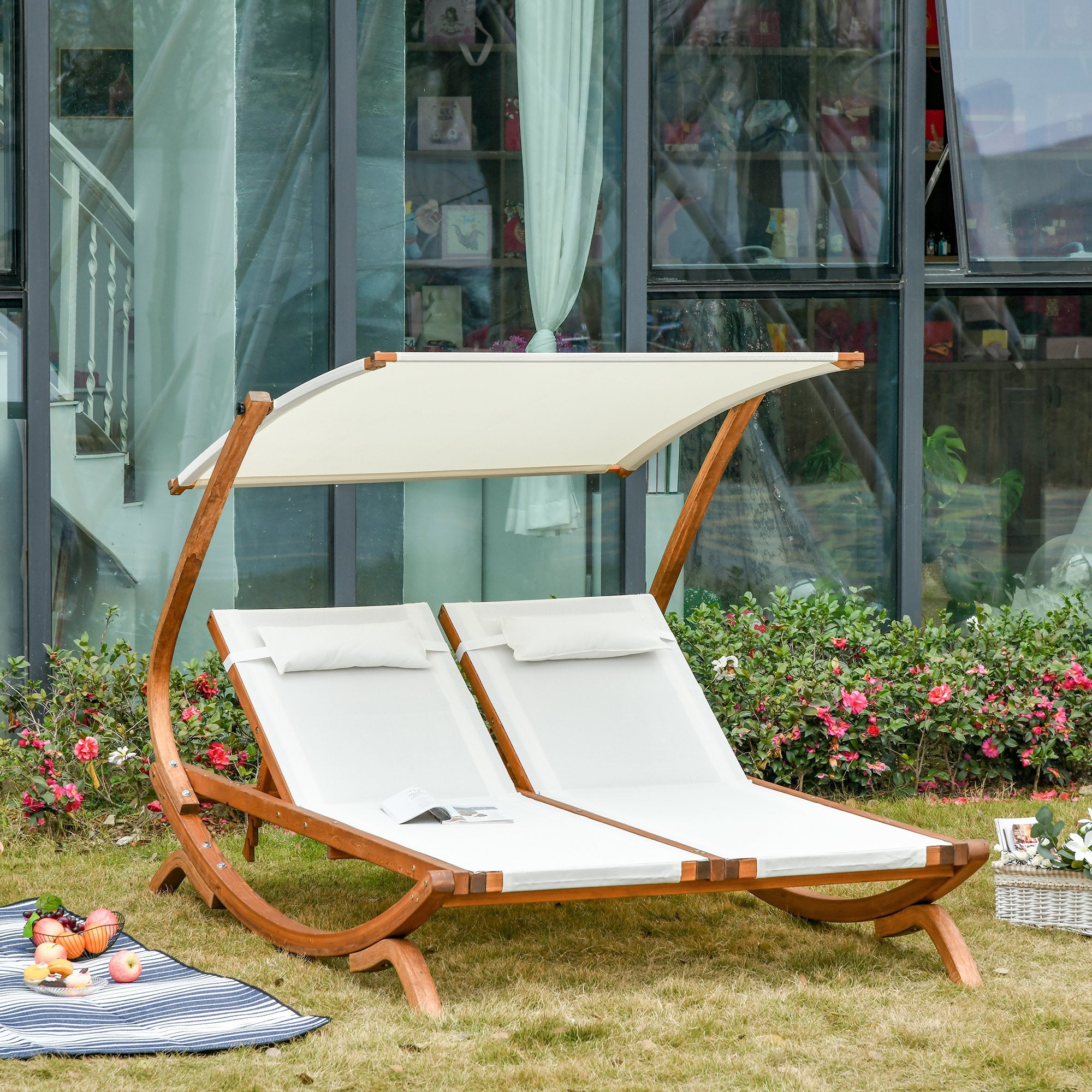 Zweisitzer-Loungesessel mit verstellbarem Sonnendach und 3-fach verstellbarer Rückenlehne – Holzgestell in Beige für Terrasse und Poolbereich