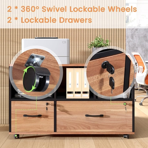 Archivador rodante de madera con dos cajones y estantes ajustables.