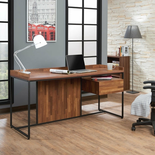 Schreibtisch aus Walnussholz und sandfarbenem, schwarzem Metall – Modernes Home-Office-Design 62"