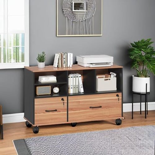Archivador rodante de madera con dos cajones y estantes ajustables.