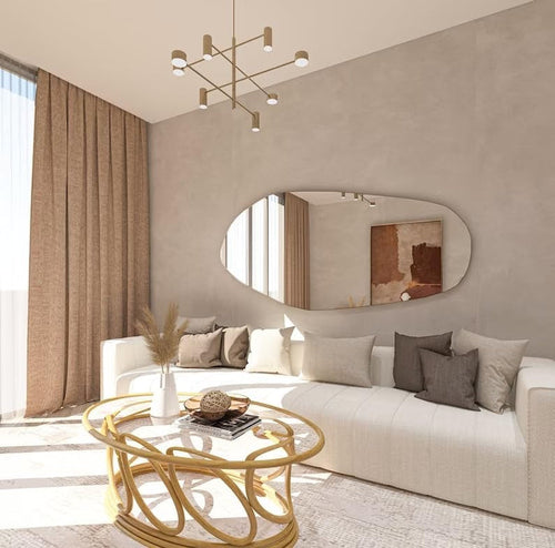 Espejo de pared asimétrico con marco de madera: espejo moderno y escultural de North Kaiser