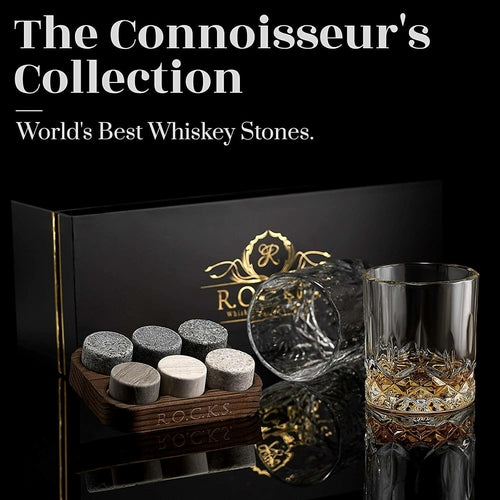 Set de regalo de vaso de whisky de cristal y piedra de granito – Colección Connoisseur