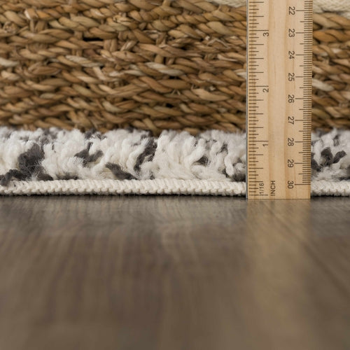 Beige and Charcoal Moroccan Shag Area Rug with Fringe