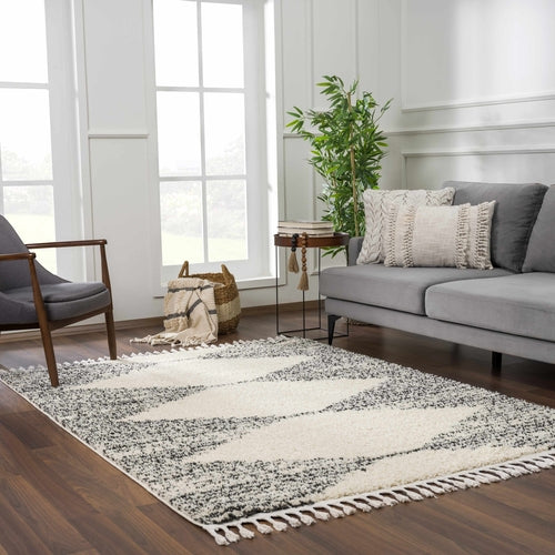 Beige and Charcoal Moroccan Shag Area Rug with Fringe