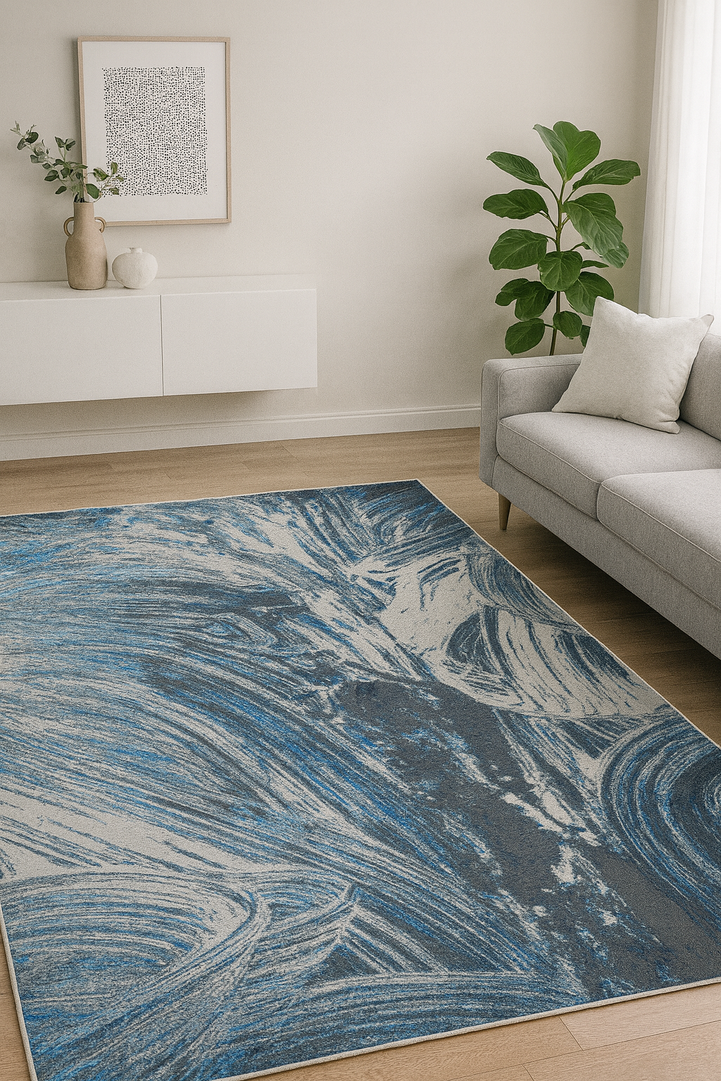 Alfombra texturizada plateada y azul 