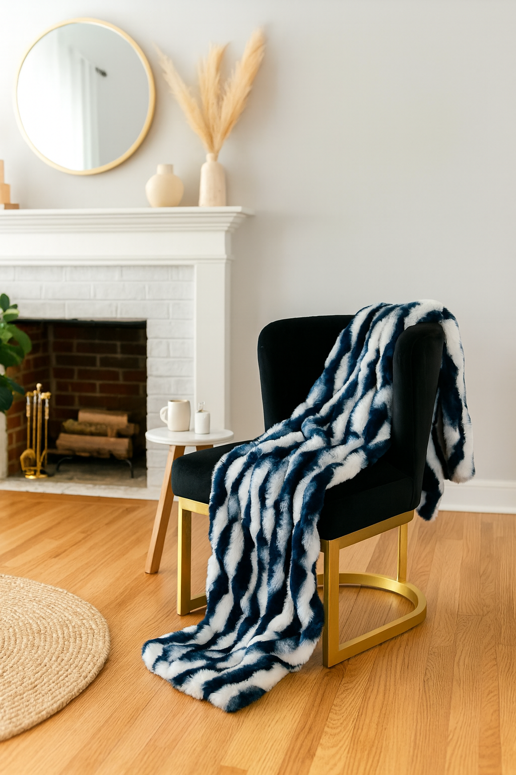 Manta de lujo de piel sintética de chinchilla blanca y azul marino 