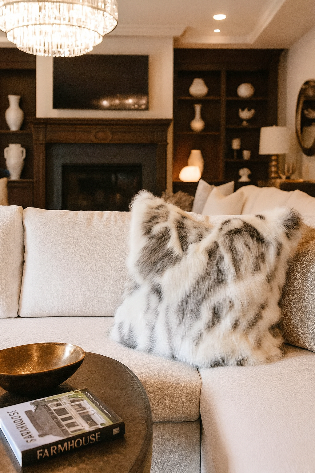 Cojín de lujo de piel sintética de conejo en color marfil y gris