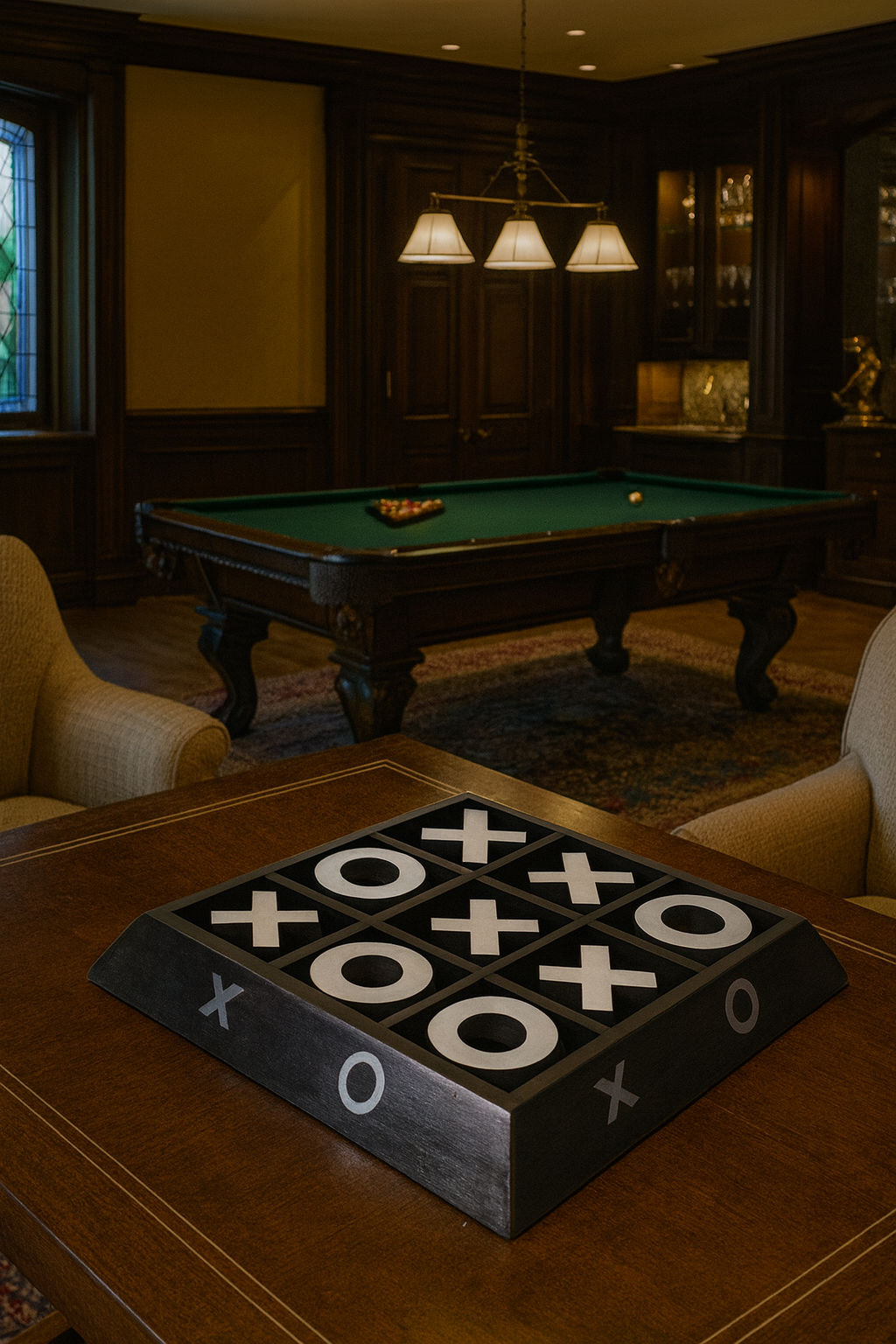 Escultura de juego de tres en raya de níquel y madera oscura