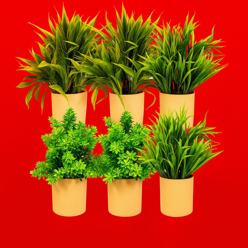 Planta artificial en maceta, moderna y verde, con forma de cilindro (maceta cilíndrica marrón)