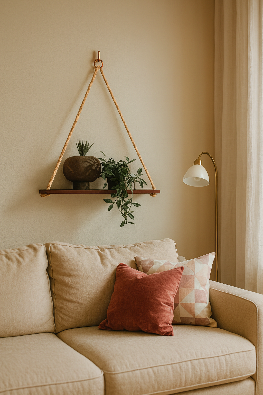 Estante de pared rústico de madera ajustable con cuerda colgante - Exhibición de madera natural hecha a mano 