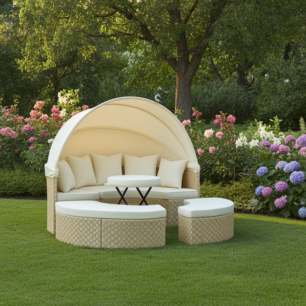 All-Weather Round Sectional Daybed with Retractable Canopy