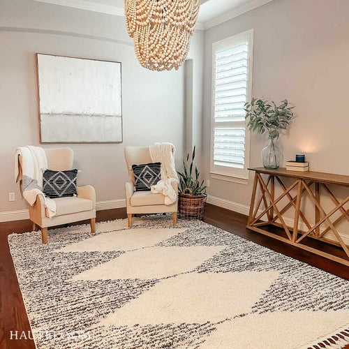 Beige and Charcoal Moroccan Shag Area Rug with Fringe