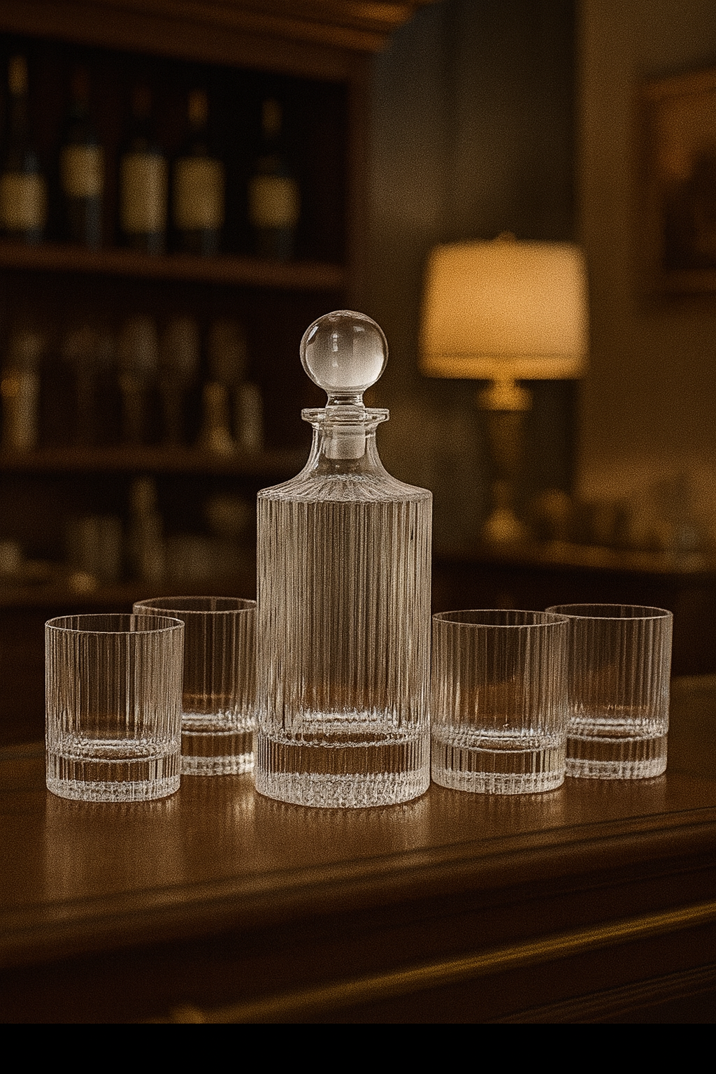 Set aus geprägter Glaskaraffe und Old-Fashioned-Trinkglas – Fünfteilige Kollektion