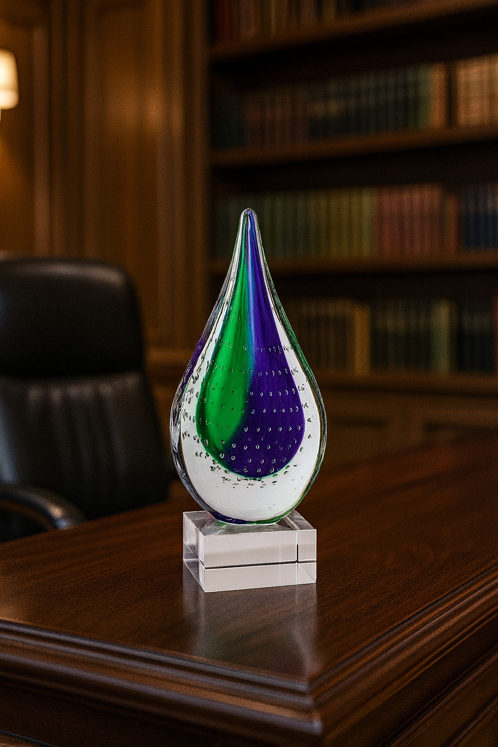 Centro de mesa de cristal soplado en forma de lágrima sobre base pulida – Escultura artística de vidrio de 30 cm
