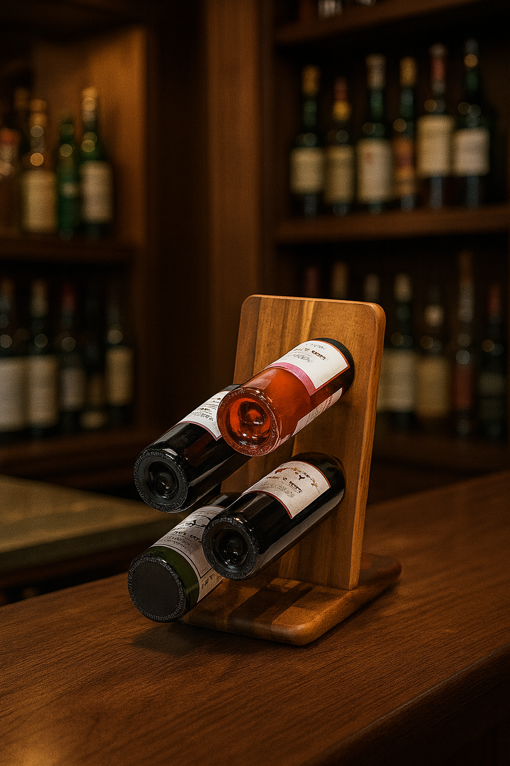 Portabotellas flotante de madera de acacia para 4 botellas de vino. Expositor vertical.