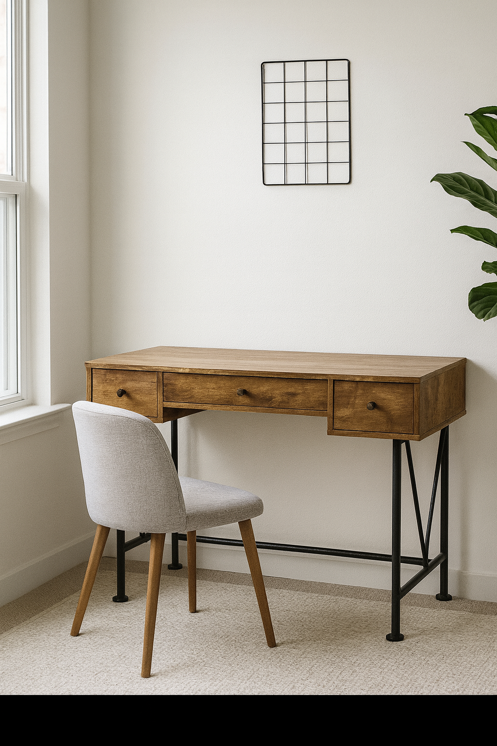 Rustikaler Schreibtisch im Landhausstil mit 3 Schubladen – Antikholz-Finish und schwarzem Metallgestell