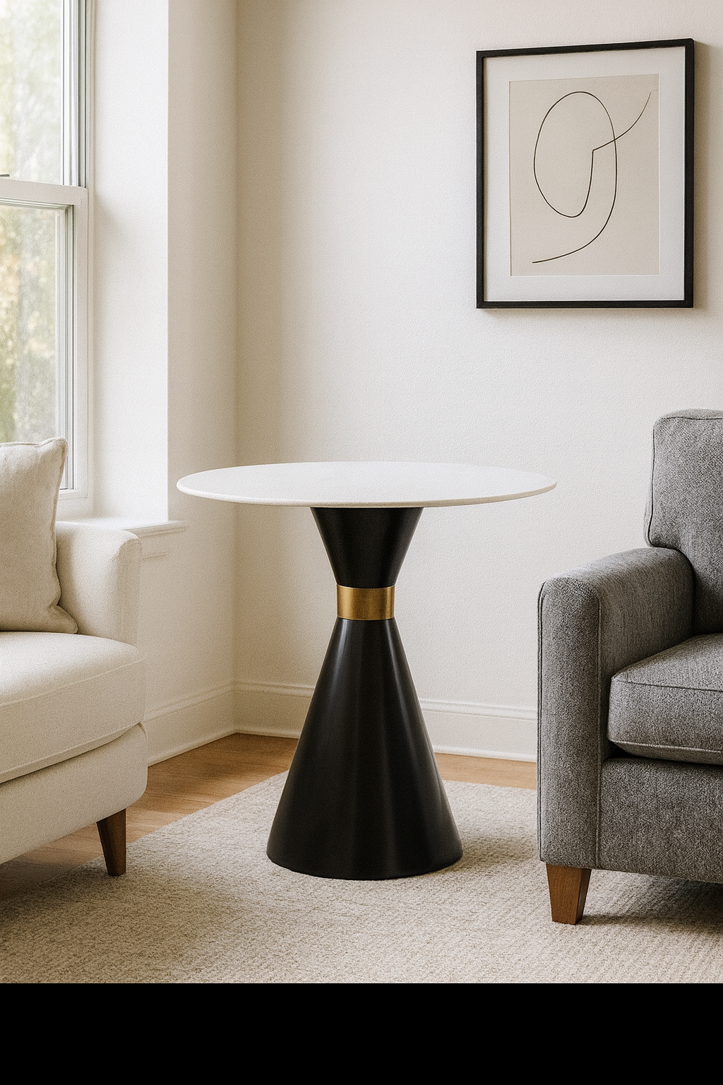 Simone Accent Table – White Marble Top with Bronze Hourglass Base