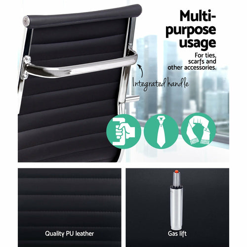 Silla ejecutiva de cuero negro con respaldo alto y detalles cromados 