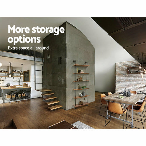 Estantería de pared industrial de seis niveles de hierro y pino