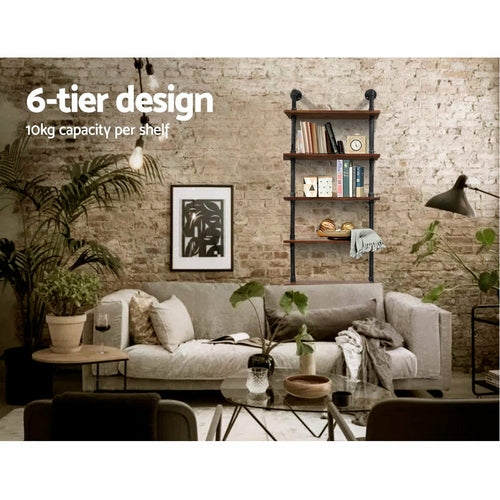 Estantería de pared industrial de seis niveles de hierro y pino
