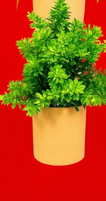 Planta artificial en maceta, moderna y verde, con forma de cilindro (maceta cilíndrica marrón)