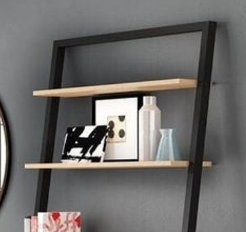 Rustikaler Schreibtisch im Landhausstil aus Eiche und Schwarz mit anlehnbarer Leiter – Kompaktes Design mit 2 Ablagen