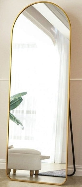 Espejo redondo dorado de cuerpo entero con marco de aluminio para apoyar o colgar en la pared.