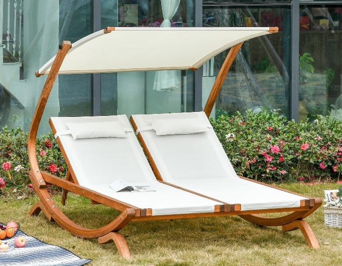 Zweisitzer-Loungesessel mit verstellbarem Sonnendach und 3-fach verstellbarer Rückenlehne – Holzgestell in Beige für Terrasse und Poolbereich