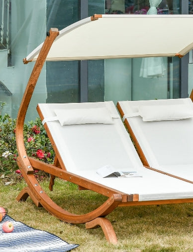 Zweisitzer-Loungesessel mit verstellbarem Sonnendach und 3-fach verstellbarer Rückenlehne – Holzgestell in Beige für Terrasse und Poolbereich