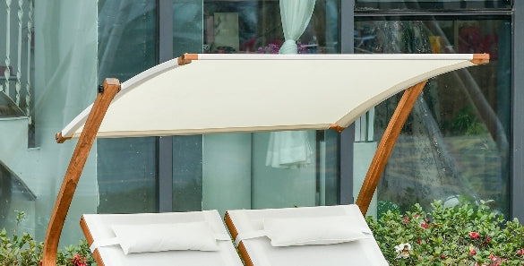 Zweisitzer-Loungesessel mit verstellbarem Sonnendach und 3-fach verstellbarer Rückenlehne – Holzgestell in Beige für Terrasse und Poolbereich