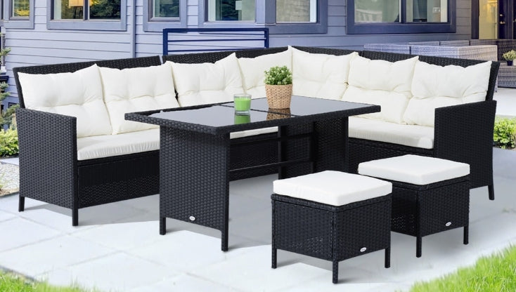 Gartenmöbel-Set aus Rattan, Korbmöbeln, Kissen und Esstisch – Schwarz, 6-teilig