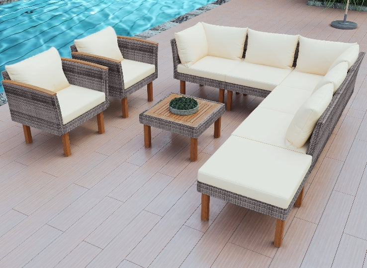Gartenmöbel-Set aus Rattan – Beige Korbmöbel-Sitzgruppe mit Kissen, 9-teilig