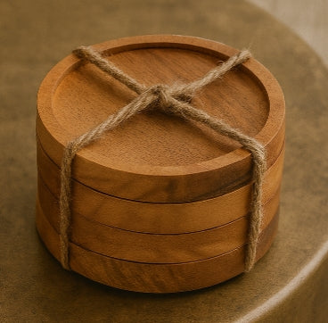 Juego de posavasos redondos de madera con soporte, acabado natural (juego de 6)