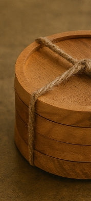 Juego de posavasos redondos de madera con soporte, acabado natural (juego de 6)