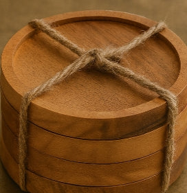 Juego de posavasos redondos de madera con soporte, acabado natural (juego de 6)