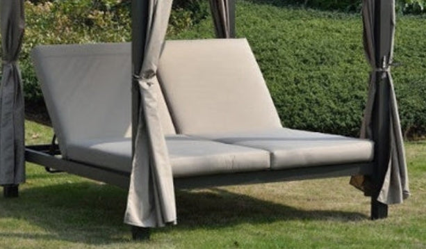 Gray Steel Double Sunbed with Adjustable Back & Cushions