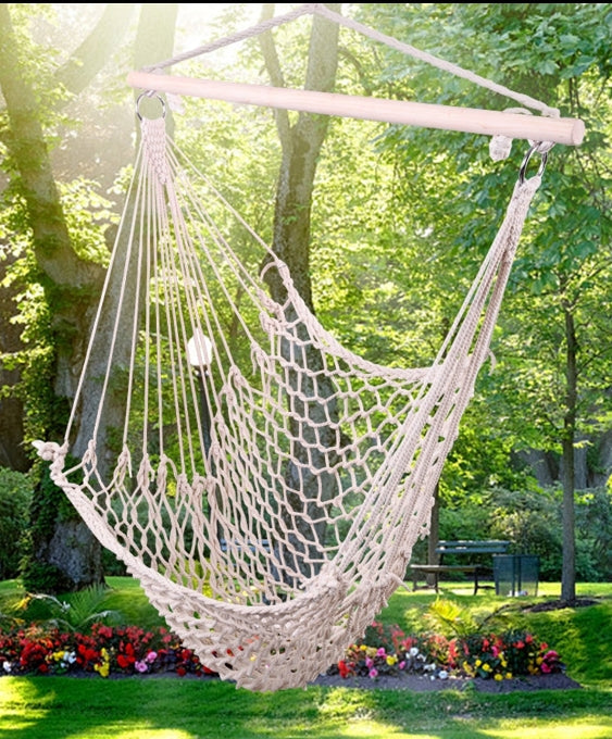 Beige Hanging Rope Air Chair – Cotton Hammock Swing for Outdoor Relaxation