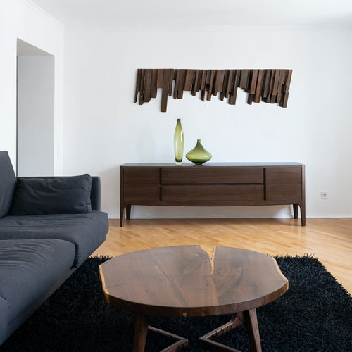 Escultura de pared de madera recuperada: «Caos organizado» con veta final