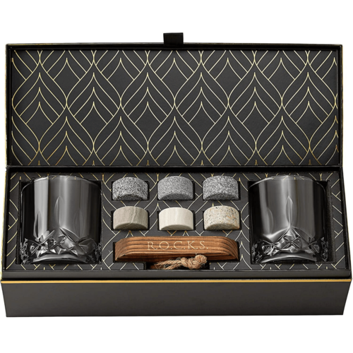 Set de regalo de vaso de whisky de cristal y piedra de granito – Colección Connoisseur