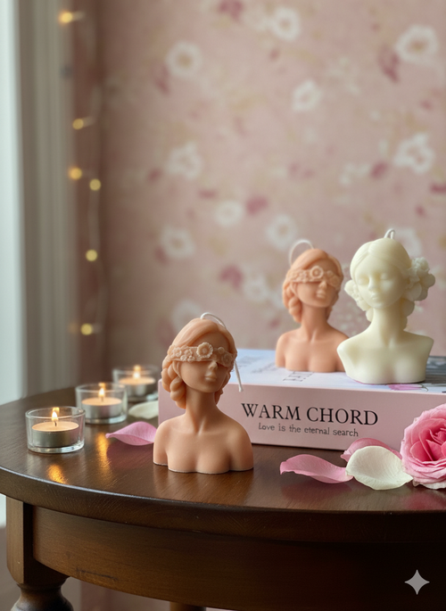 Vela de niña de las flores con los ojos vendados – Escultura artesanal de cera de soja