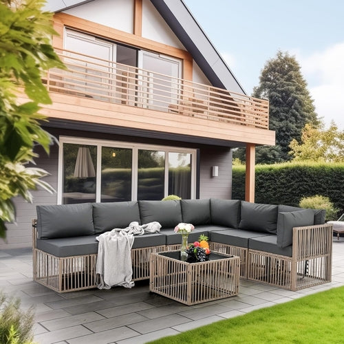 Modulares Rattan-Ecksofa-Set mit verstellbaren Ecksesseln, 7-teilig