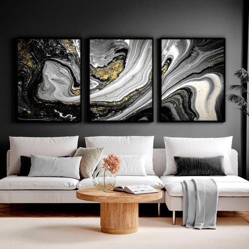 Conjunto de arte de pared abstracto de mármol negro y dorado 