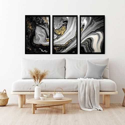 Conjunto de arte de pared abstracto de mármol negro y dorado 