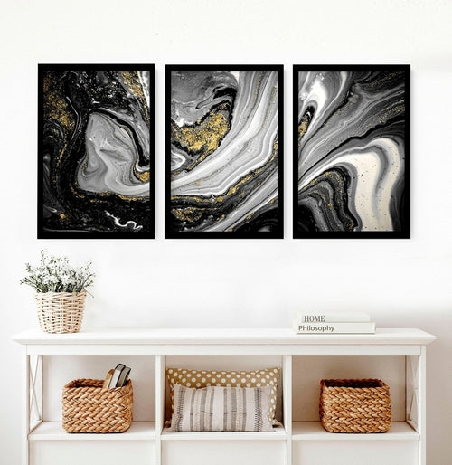 Conjunto de arte de pared abstracto de mármol negro y dorado 