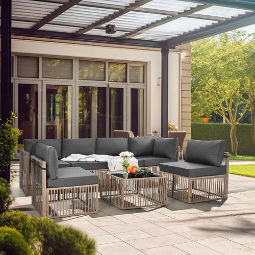 Modulares Rattan-Ecksofa-Set mit verstellbaren Ecksesseln, 7-teilig