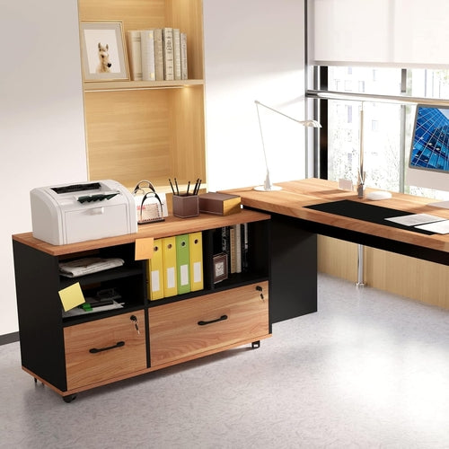 Archivador rodante de madera con dos cajones y estantes ajustables.