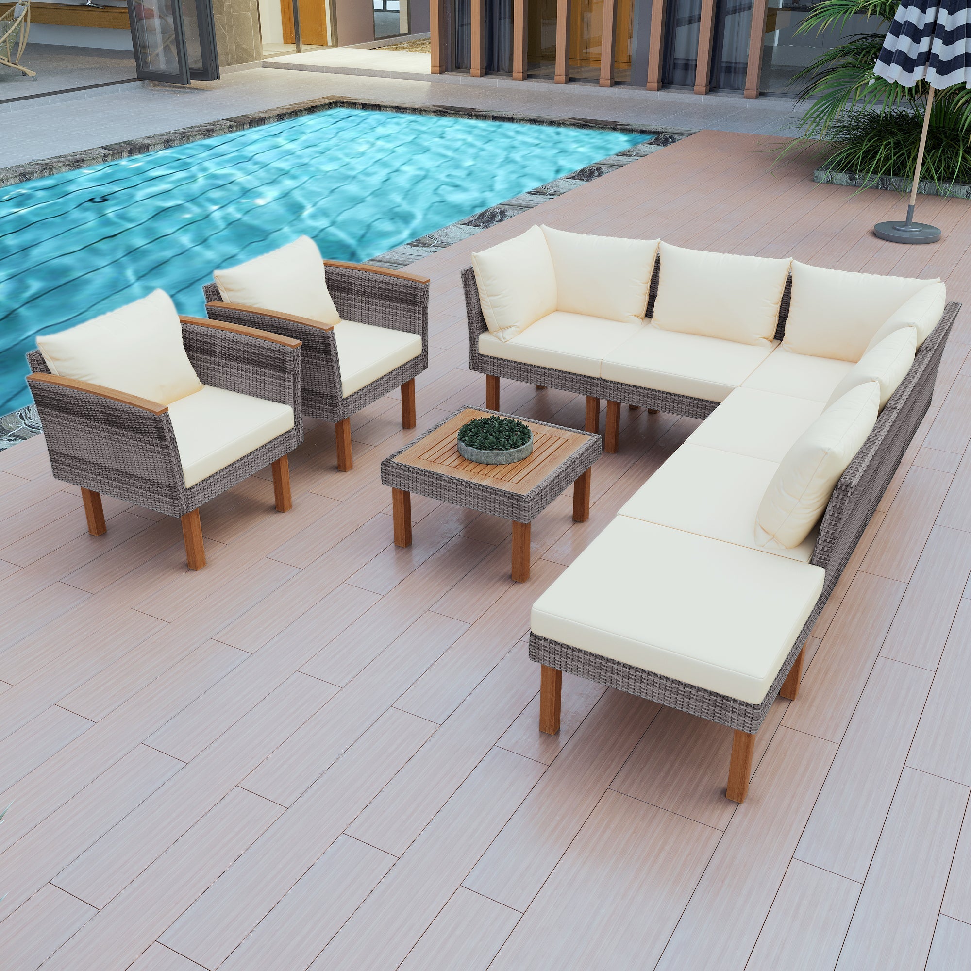 Gartenmöbel-Set aus Rattan – Beige Korbmöbel-Sitzgruppe mit Kissen, 9-teilig