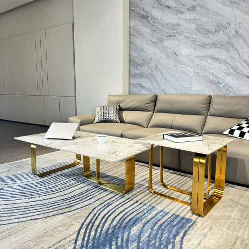 Juego de mesa de centro de oro y piedra sinterizada: diseño moderno de dos piezas de doble capa